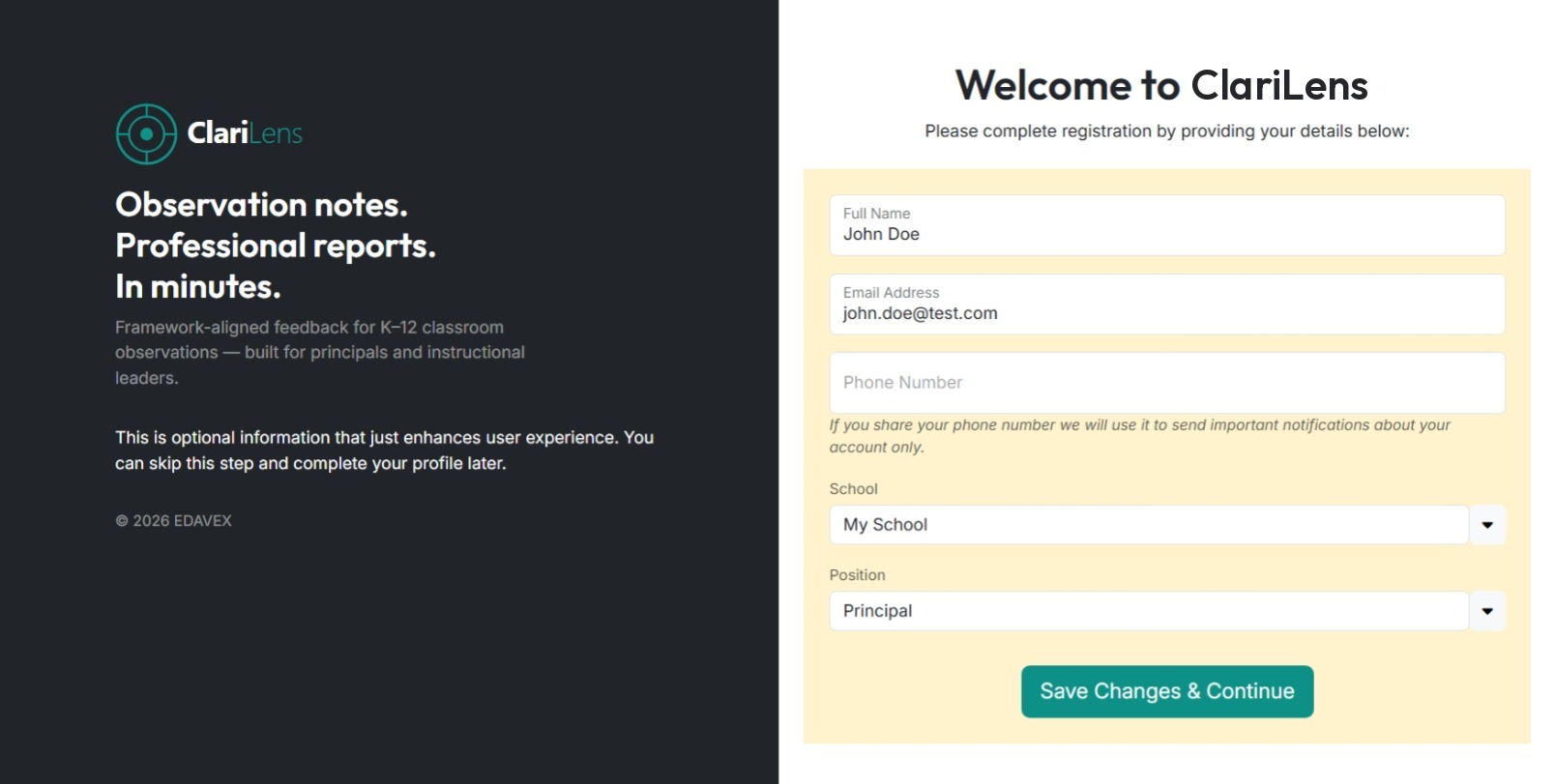 Registration details form