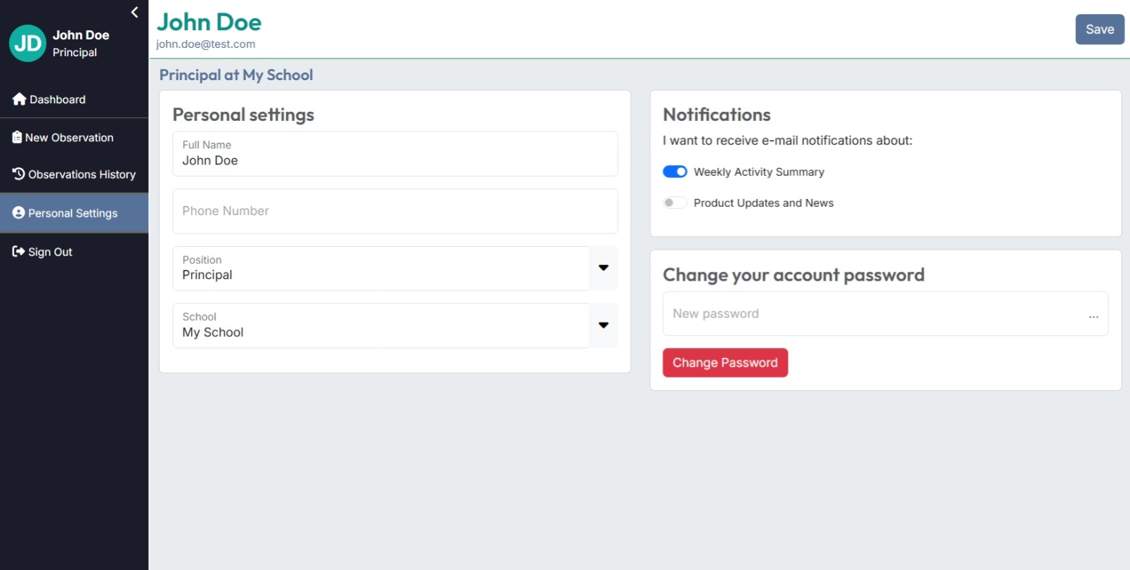 Personal settings page