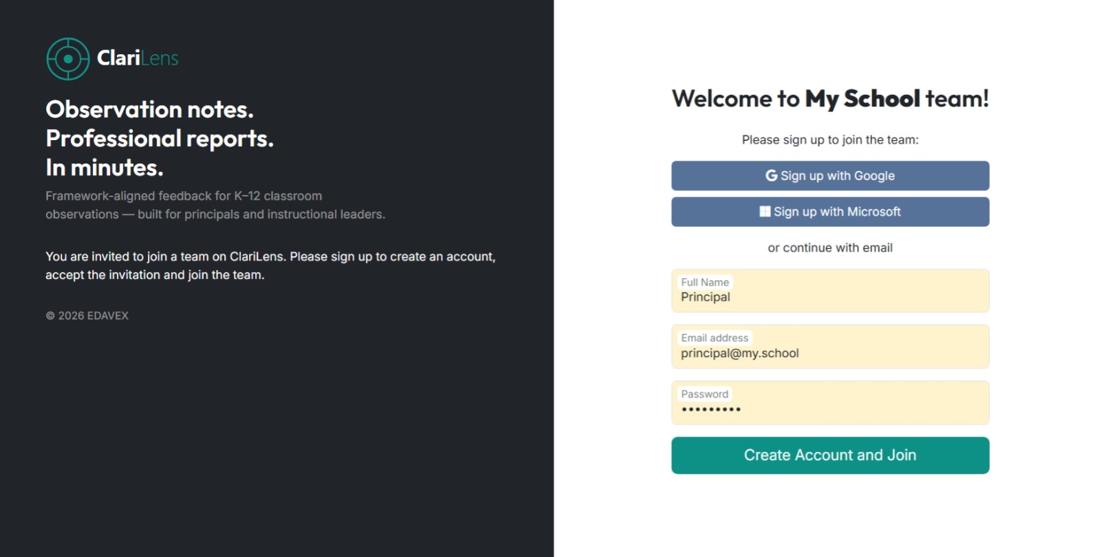 Team sign-up form