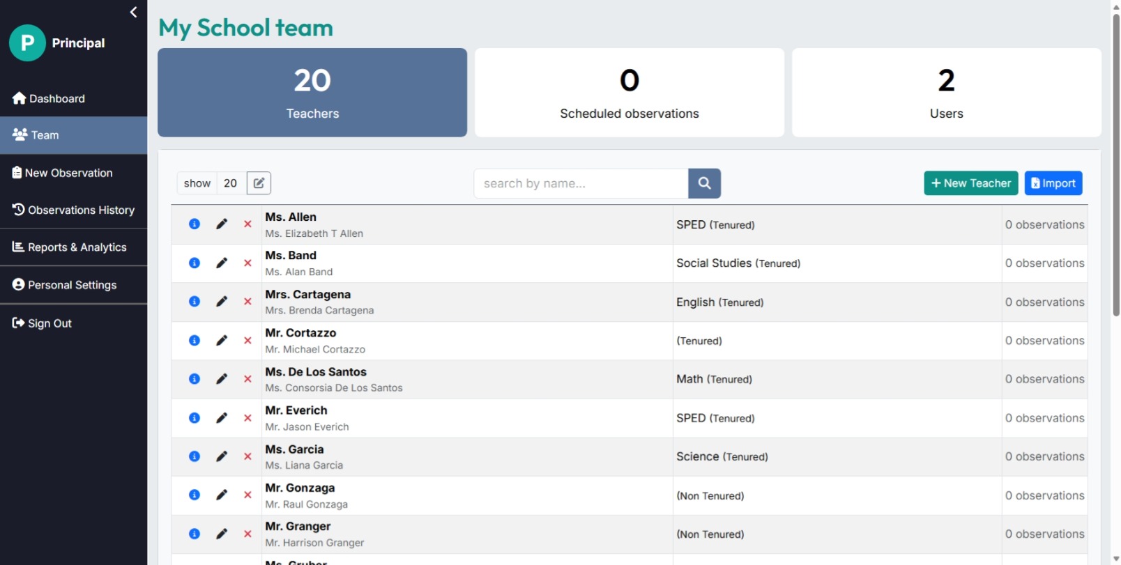 Team page with the teacher list