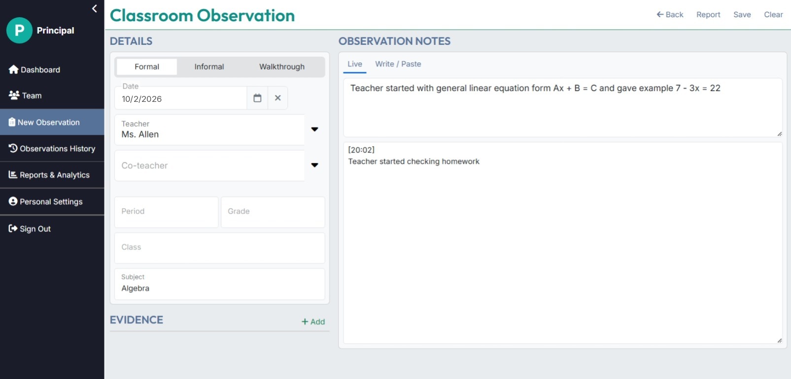 Classroom Observation form