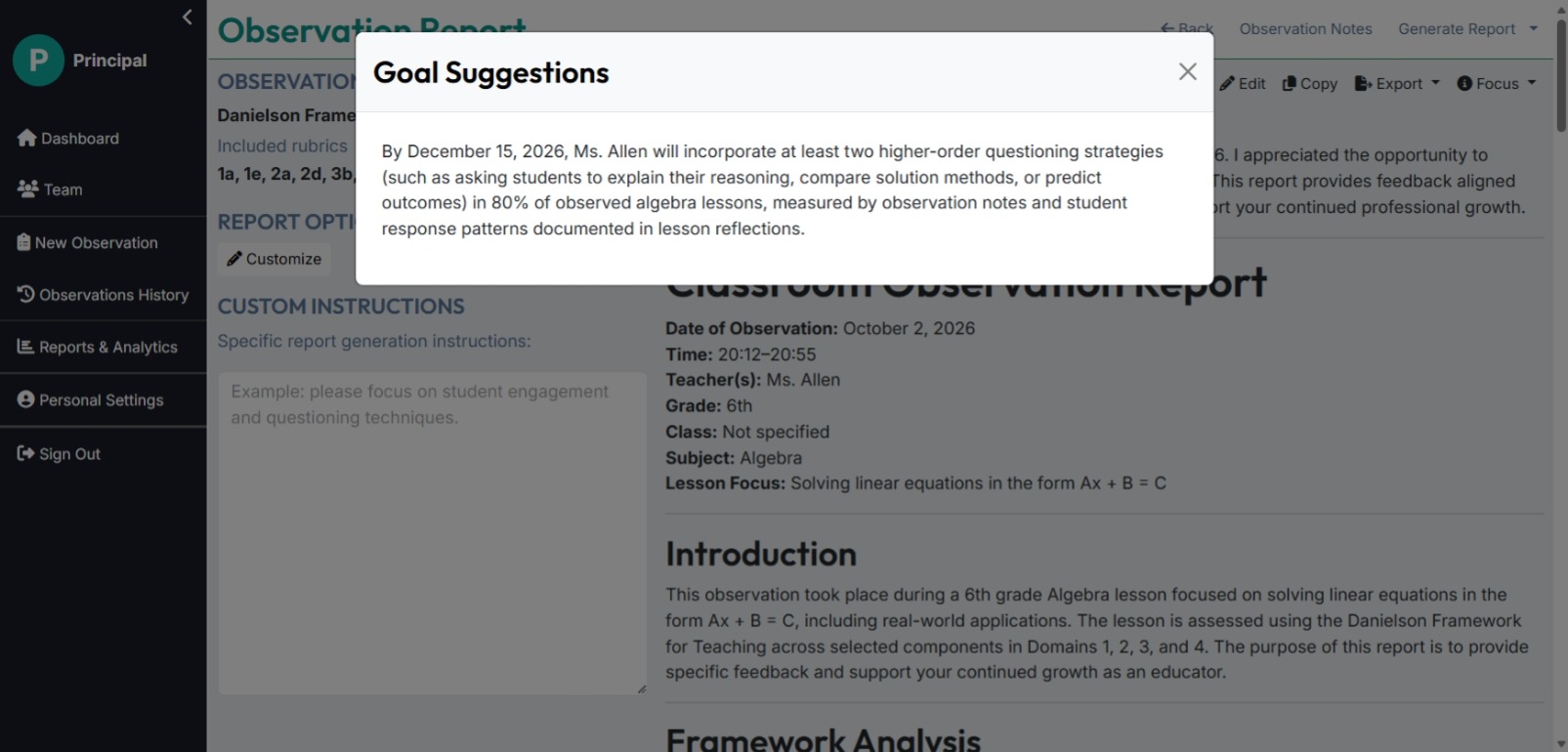 Goal Suggestions dialog
