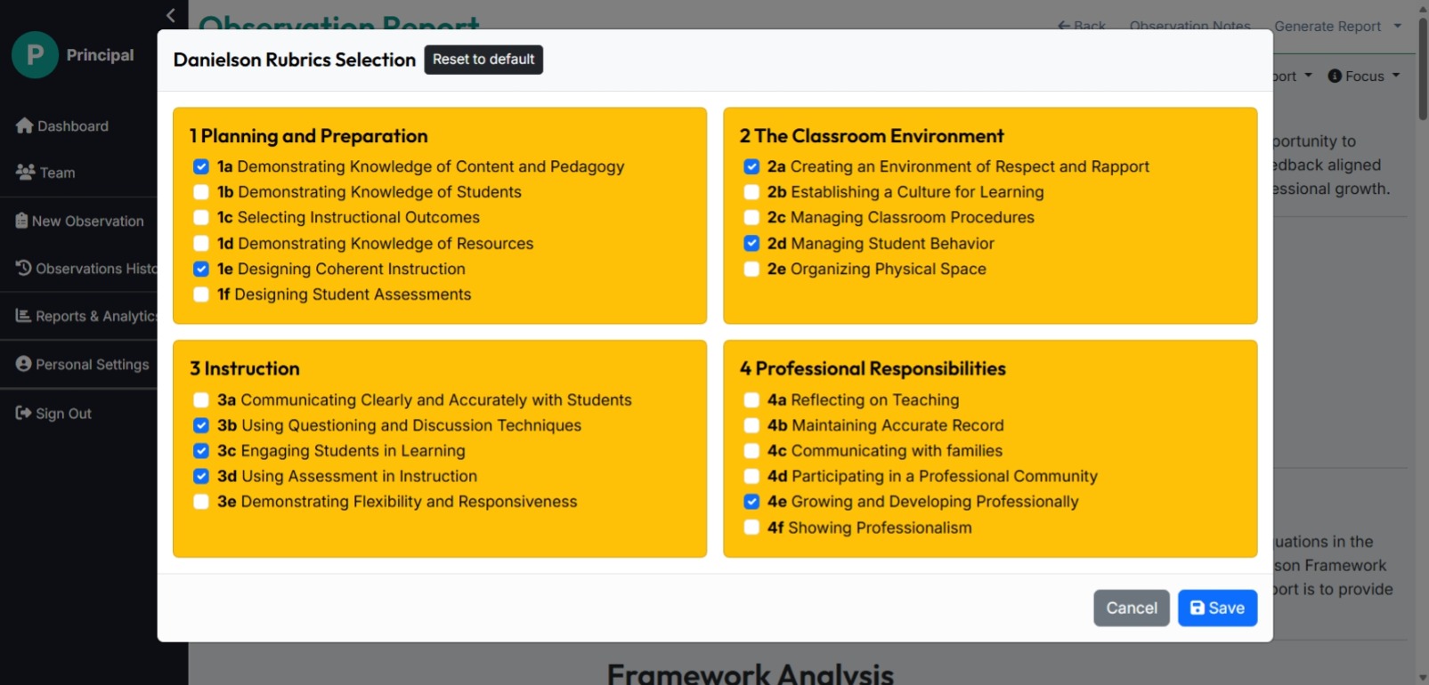 Danielson rubrics selection