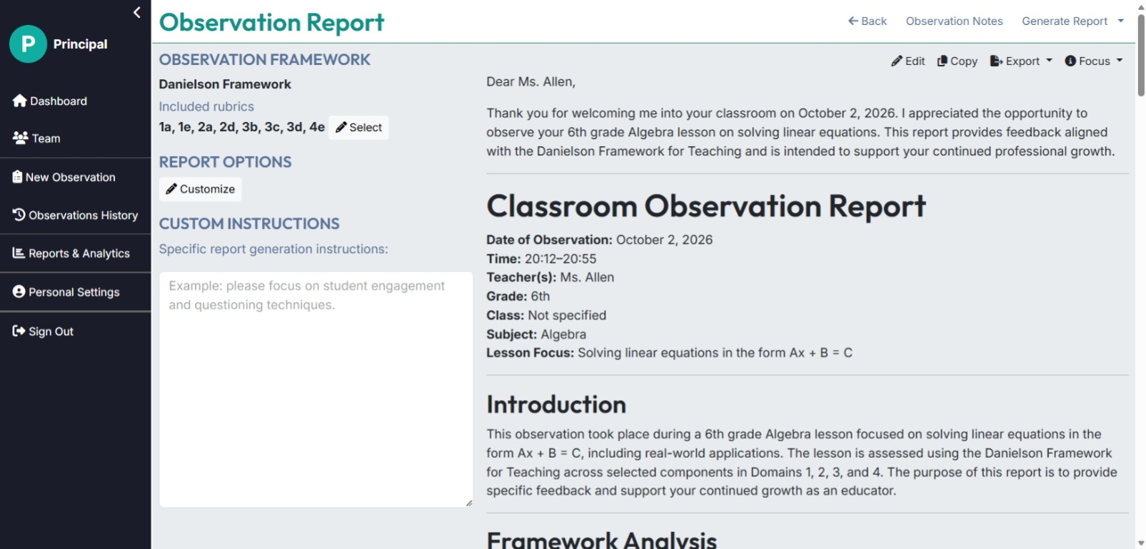 Observation Report page
