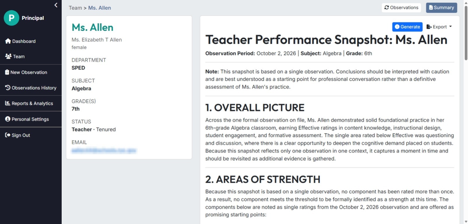 Teacher Summary Snapshot